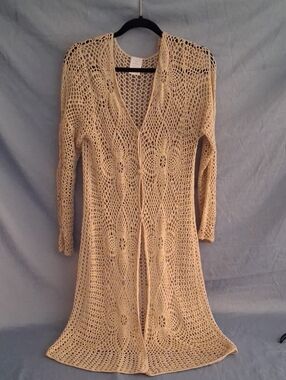 Crochet Beige Open-Knit Long Sweater With Button Front Flower Open Design
